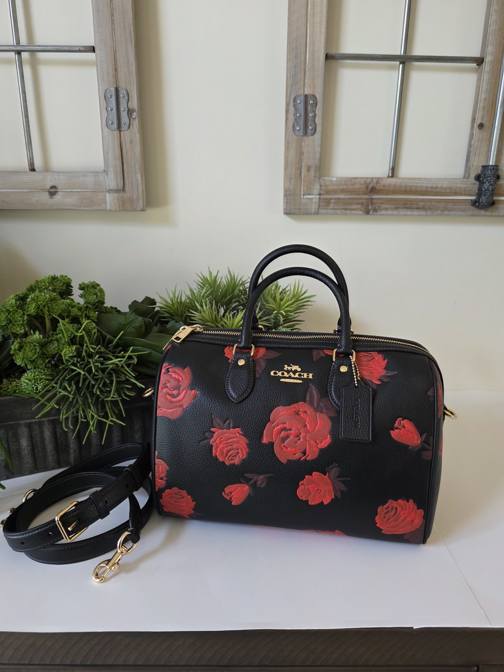Coach Rowan Rose Print Large Satchel Crossbody Red Floral New Without Tags